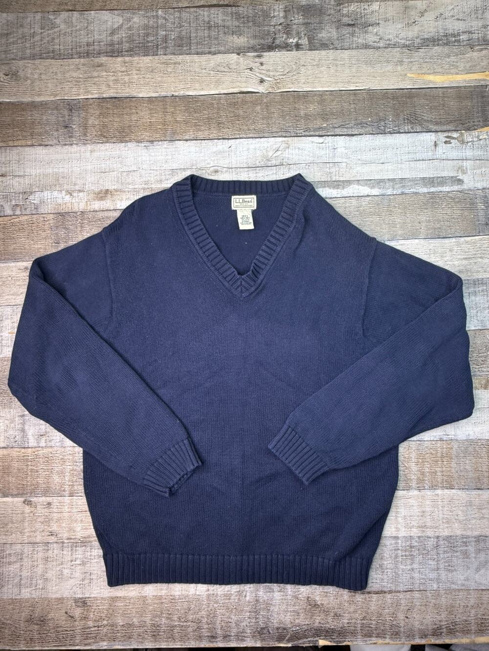 LL Bean Men's M 100% Cotton V Neck Sweater Casual Blue Knit Pullover Sportsman